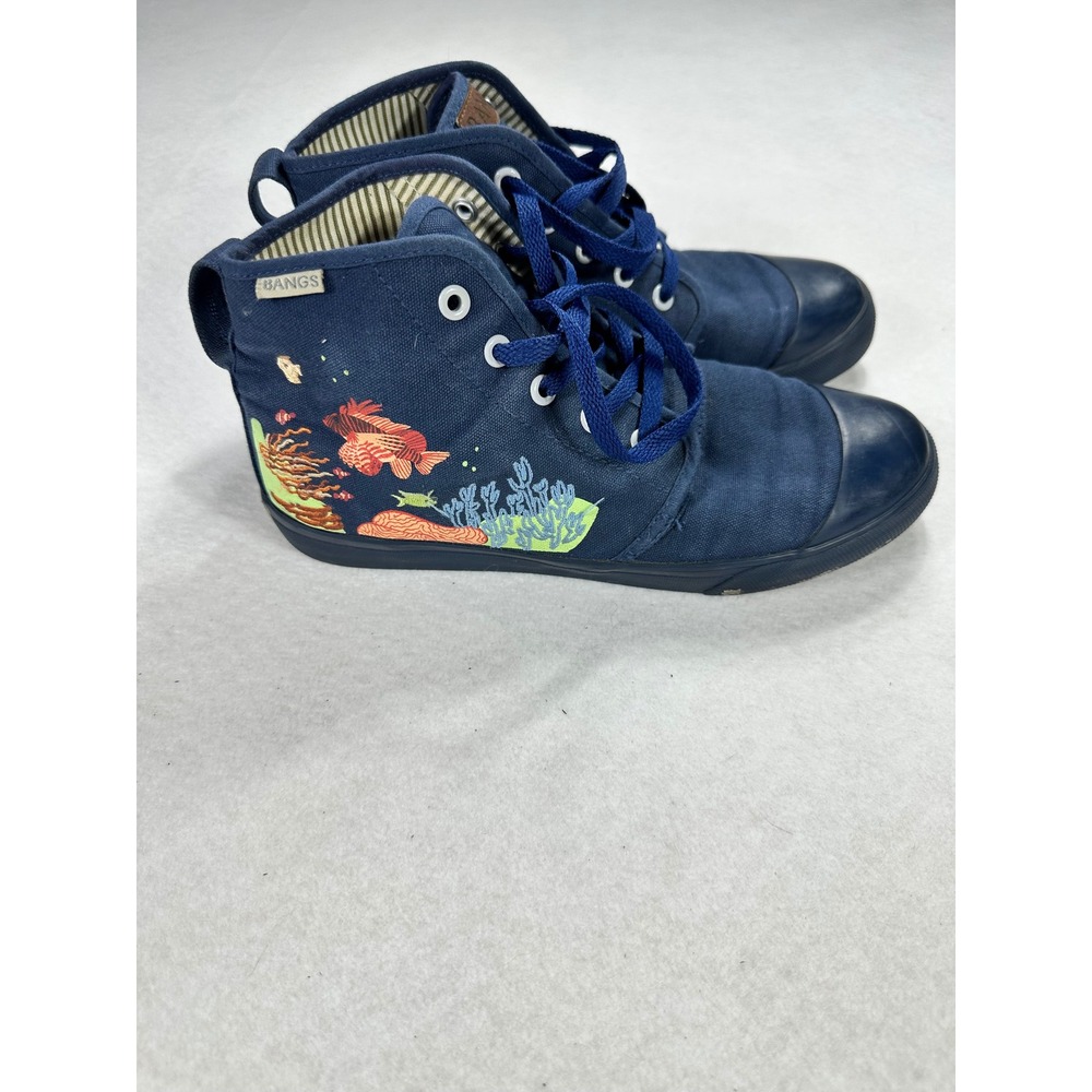 Bangs Shoes High Top Sneakers Navy Blue Coral Reef Embroidered Men 6.5 Women 8